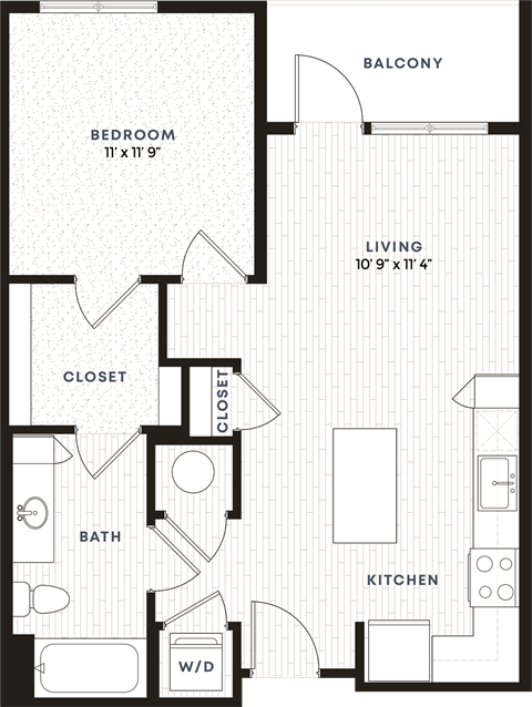 Floor plan for 1 bed, 1 bath, 684 sqft